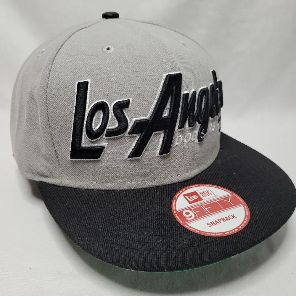 New Era 9FIFTY Los Angeles Dodgers Hat Gray Black Script Snapback Stickers Cap